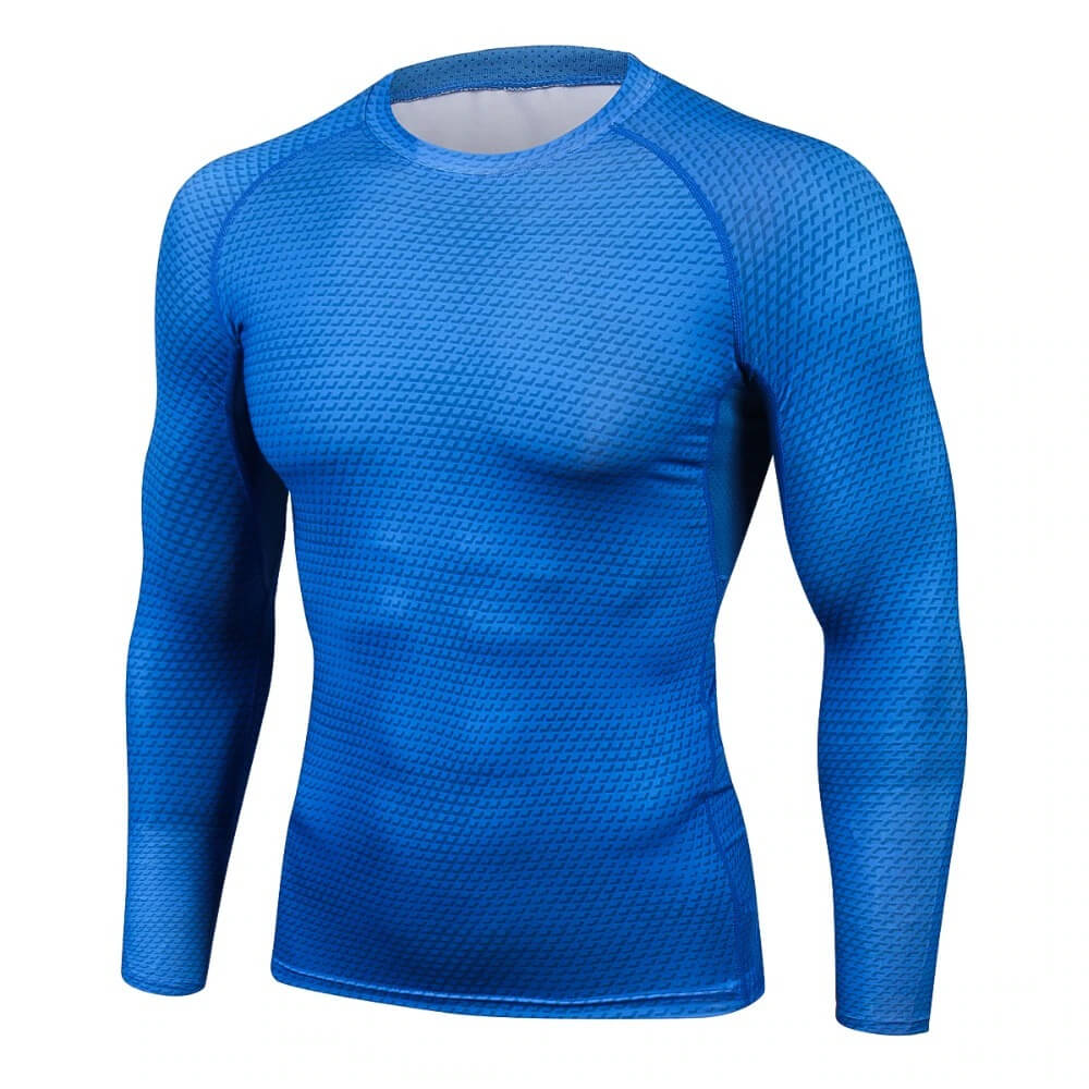 Men's blue compression long sleeves o-neck top with snake skin 3D print for running and high-performance activities.
